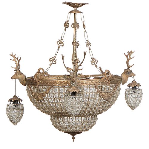 Brass Corbeille Form Five Light Chandelier, 21st c., with a ceiling cap over a center ring issuing four deer head lights with clear glass beaded baske