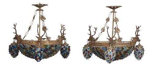 Brass Corbeille Form Five Light Chandeliers, 21st c., with a ceiling cap over a center ring issuing three deer head lights with multicolor glass beade