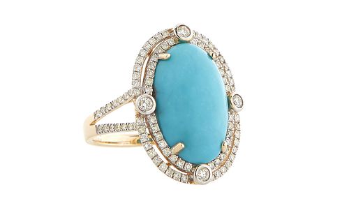 Lady's 14K Yellow Gold Dinner Ring, with an oval cabochon 8.74 ct. turquoise atop pierced double concentric graduated rows of tiny round diamonds, the