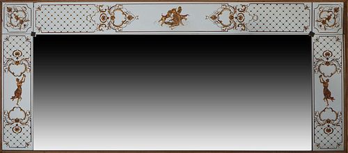 French Overmantel Mirror, 20th c., with eglomise gilt decorated classical borders on three sides, H.- 40 1/2 in., W.- 92 in., D.- 1 1/2 in.