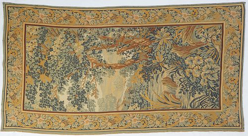 French Machine Made Tapestry, 20th c., of trees and flowers in a landscape, 4' 11 x 9' 4.