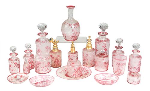 French Twenty Piece Frosted St. Louis Cameo Glass Vanity Set, early 20th c., with relief red floral decoration, consisting of 3 atomizers, 7 stoppered