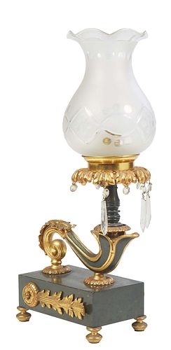 English Gilt and Patinated Bronze Cornucopia Lamp, 19th c., and later, with a prism hung gilt bronze bobeche, on a scrolled cornucopia support, to a p