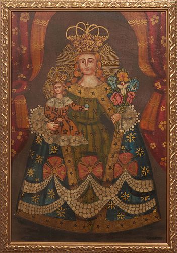 Cuzco School, "Virgin and Child," early 20th c., oil on board, unsigned, presented in a gilt frame, H.- 26 5/8 in., W.- 18 1/4 in., Framed H.- 29 1/4 