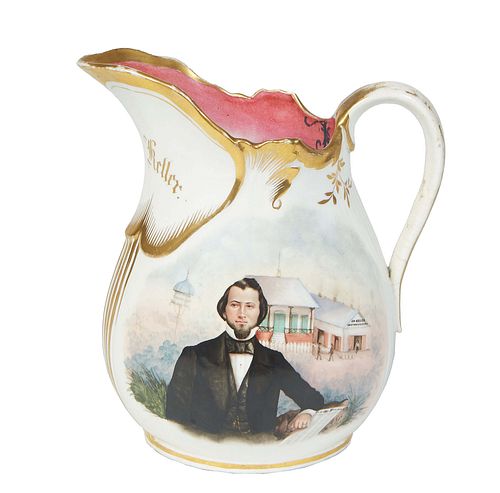 Rudolph T. Lux (German/New Orleans, 1815-1858), A Rare Hand Painted Porcelain Pitcher with a portrait of John H. Keller standing in front of his soap 