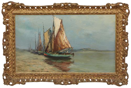 Eugene Louis Boudin (France, 1824-1898), "Bateaux sur la Plage de Bretagne," 19th c., oil on canvas, signed lower left, with an old gallery label abou