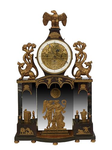 Rare Austrian Bronze Mounted Automaton Face Mantel Clock, late 19th c., with a gilt carved eagle surmount over a time, strike and chime drum clock wit
