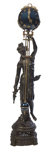 Contemporary Ebonized Bronze Swinging Arm Clock, 20th c., after the antique original, with a large Art Nouveau female holding flowers in her right han