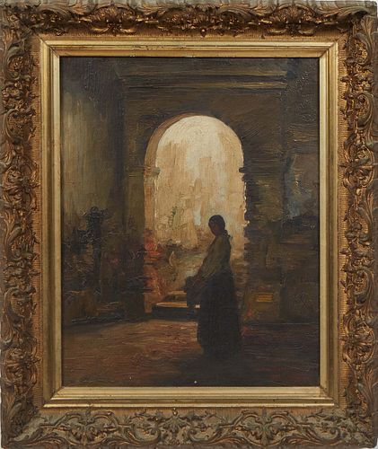 German Gedovius (Mexico, 1867-1937), "Woman in Archway, Mexico," c. 1903, oil on canvas, signed and dated lower right, presented in a gilt frame, H.- 