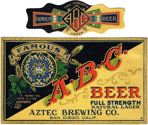 1933 A.B.C. Beer Label 16oz One Pint WS30-23 San Diego, California