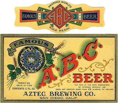 1933 A.B.C. Beer 11oz Label WS30-20 San Diego, California