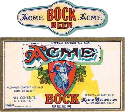 1937 Acme Bock Beer 11oz Label WS33-24 San Francisco, California