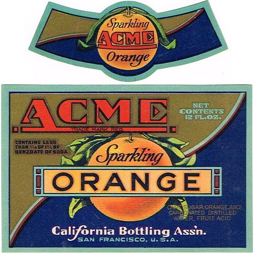 1929 Acme Sparkling Orange 12oz Label WS34-21 San Francisco, California