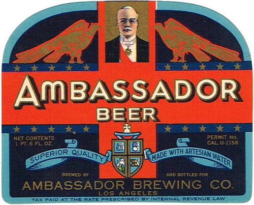 1935 Ambassador Beer Label 24oz WS8-19 Los Angeles, California