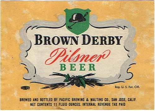 1945 Brown Derby Pilsner Beer 11oz Label WS51-12 San Jose, California