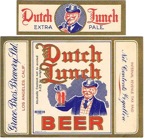 1939 Dutch Lunch Beer Quart Label WS12-09 Los Angeles, California