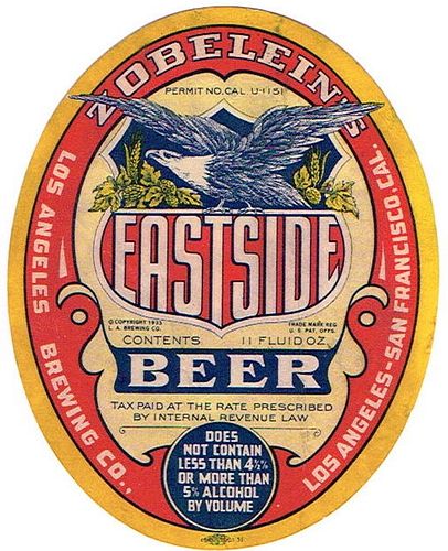 1933 Eastside Beer 11oz Label WS15-05 Los Angeles, California