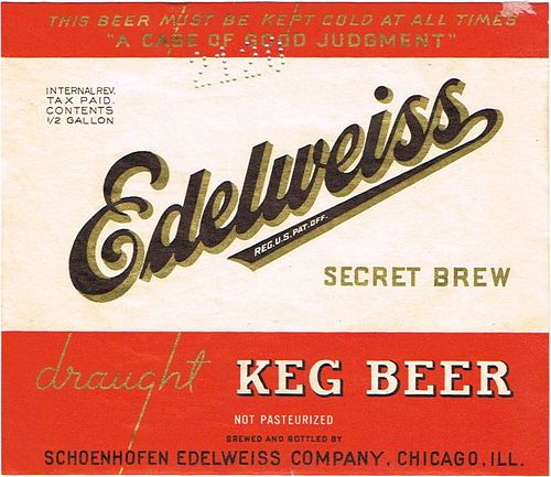 1940 Edelweiss Keg Beer Half Gallon Label IL45-16v Chicago, Illinois