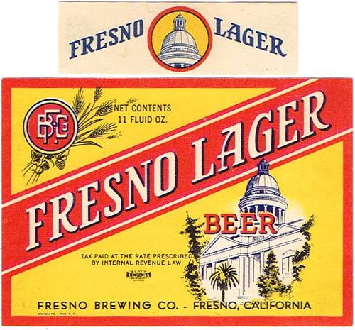 1937 Fresno Lager Beer 11oz Label WS7-06V Fresno, California
