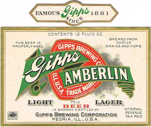 1936 Gipps Amberlin Light Lager Beer 12oz Label IL91-20V Peoria, Illinois
