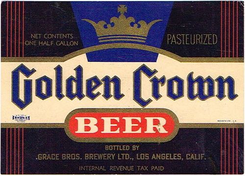 1938 Golden Crown Beer Label 64oz Half Gallon WS12-16 Los Angeles, California