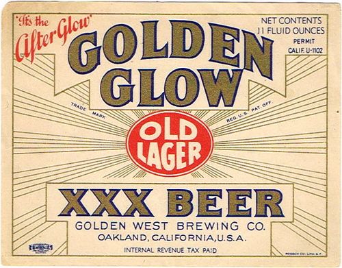 1935 Golden Glow Old Lager Beer 11oz Label WS24-25 Oakland, California