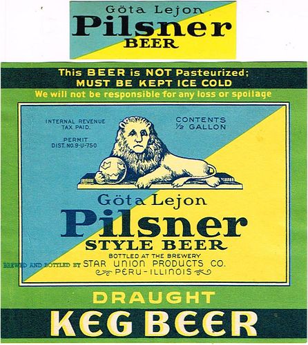 1937 Göta Lejon Pilsner Beer Label 64oz Half Gallon IL95-13 Peru, Illinois