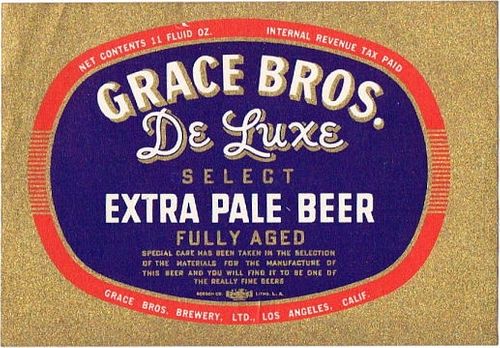 1947 Grace Bros. De Luxe Extra Pale Beer 11oz Label WS11-13 Los Angeles, California