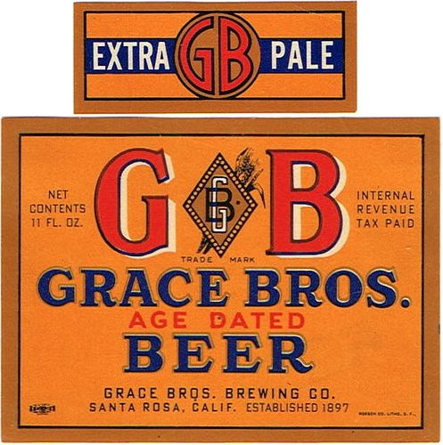 1942 Grace Bros. GB Age Dated Beer 11oz Label WS53-07 Santa Rosa, California