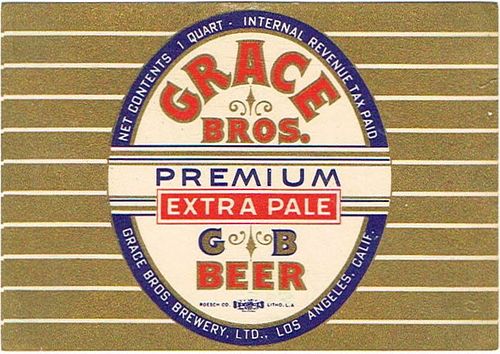 1940 Grace Bros. Premium Beer Quart Label WS11-10 Los Angeles, California