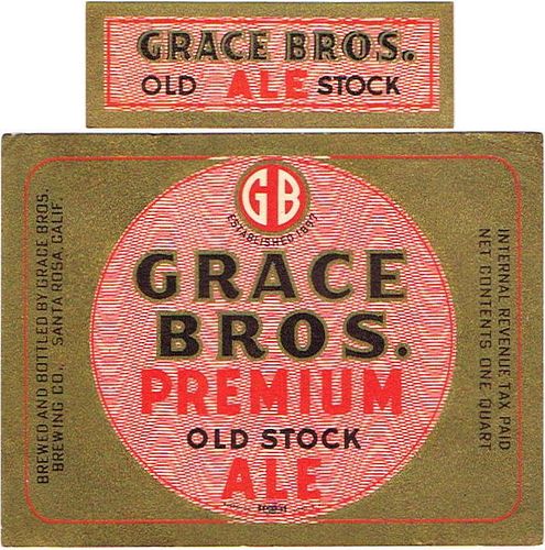 1943 Grace Bros. Premium Old Stock Ale Quart Label WS53-13 Santa Rosa, California