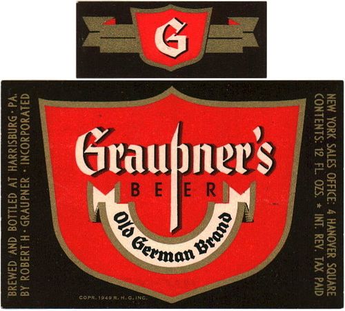 1949 Graupner's Beer 12oz Label PA37-13 Harrisburg, Pennsylvania