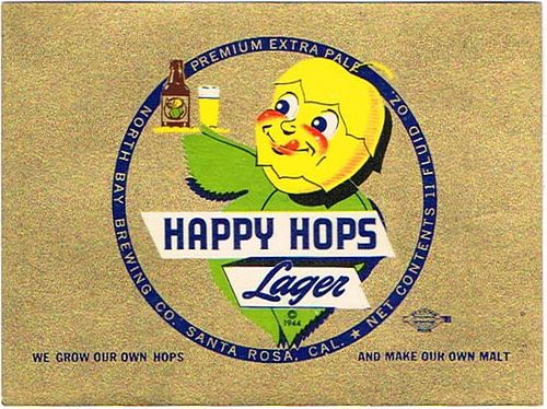 1951 Happy Hops Lager Beer 11oz Label Santa Rosa, California