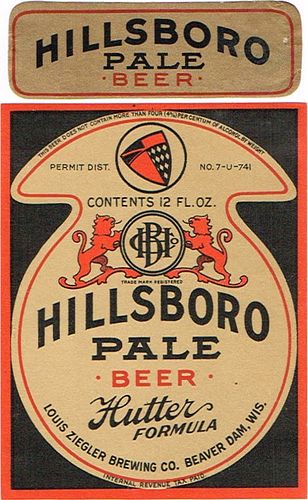 1937 Hillsboro Pale Beer 12oz Label WI28-14 Beaver Dam, Wisconsin