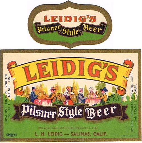 1935 Leidig's Pilsener Style Beer 11oz Label WS46-17 San Francisco, California
