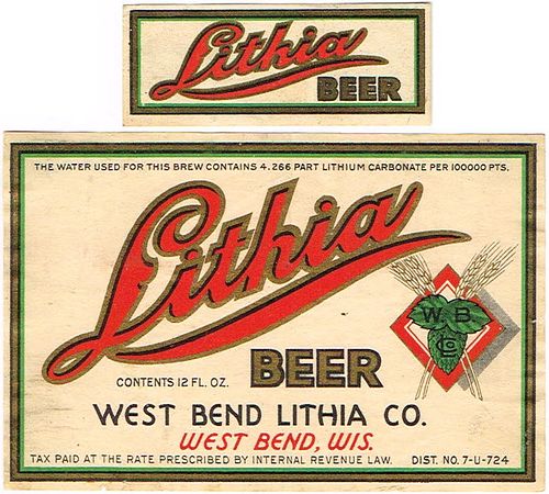 1933 Lithia Beer 12oz Label WI525-17 West Bend, Wisconsin