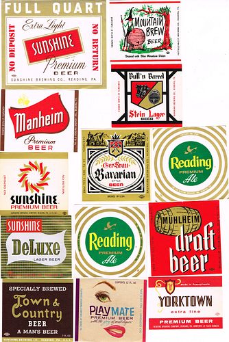 Lot of 16 Unused 1950s-60s Reading Brewery Beer Labels Pittsburgh, Pennsylvania