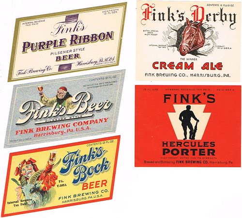 Lot of 5 1930s Fink's Beer Labels Harrisburg, Pennsylvania