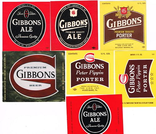 Lot of 7 Unused 1950s-70s Gibbons Beer Labels Wilkes-Barre, Pennsylvania
