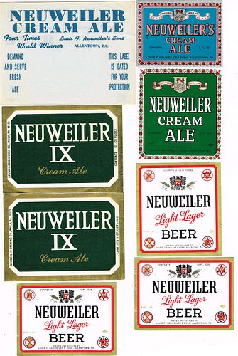Lot of 8 Unused 1950s Neuweiler's Beer Labels Allentown, Pennsylvania