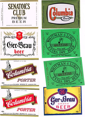 Lot of 8 Unused 1950s-60s Columbia Beer Labels Shenandoah, Pennsylvania