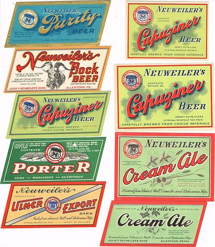 Lot of 9 Unused 1930s Neuweiler's Beer Labels Allentown, Pennsylvania