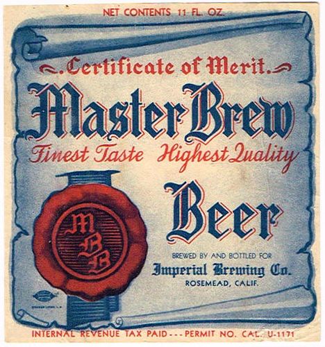 1935 Master Brew Beer 11oz Label WS27-19 Rosemead, California