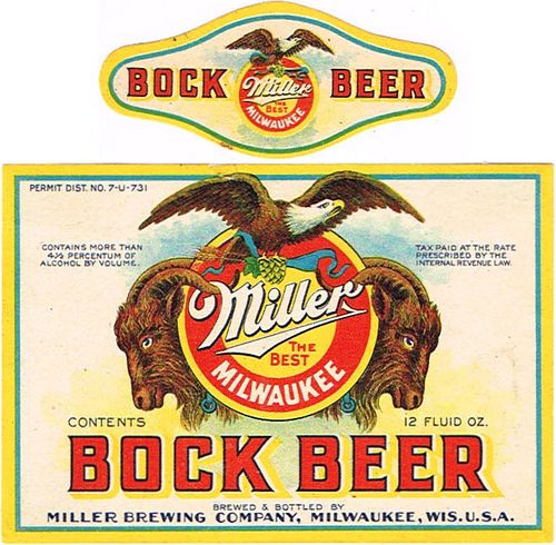 1934 Miller Bock Beer 12oz Label WI287-44 Milwaukee, Wisconsin