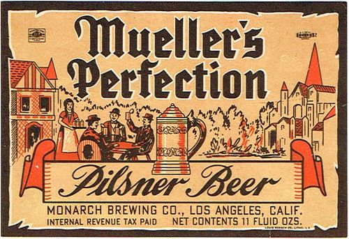 1937 Mueller's Perfection Beer 11oz Label WS19-20 Los Angeles, California