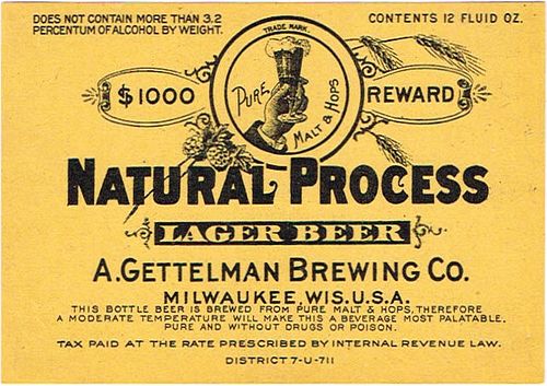 1933 Natural Process Lager Beer 12oz Label WI341-06 Milwaukee, Wisconsin