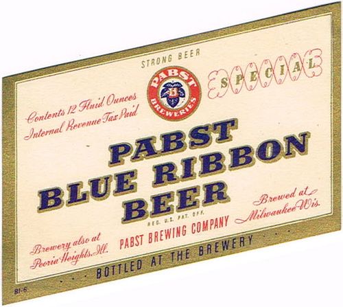 1938 Pabst Blue Ribbon Beer 12oz Label WI286-112 Milwaukee, Wisconsin