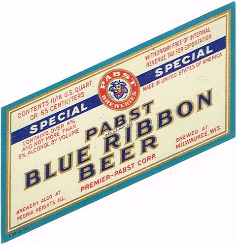 1935 Pabst Blue Ribbon Special Beer Label 22oz WI286-83V Milwaukee, Wisconsin