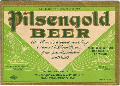 1934 Pilsengold Beer Label 22oz WS40-18V San Francisco, California
