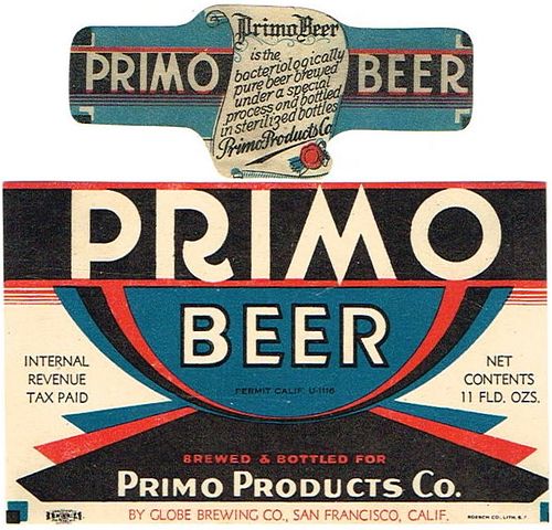 1935 Primo Beer 11oz Label WS39-11 San Francisco, California